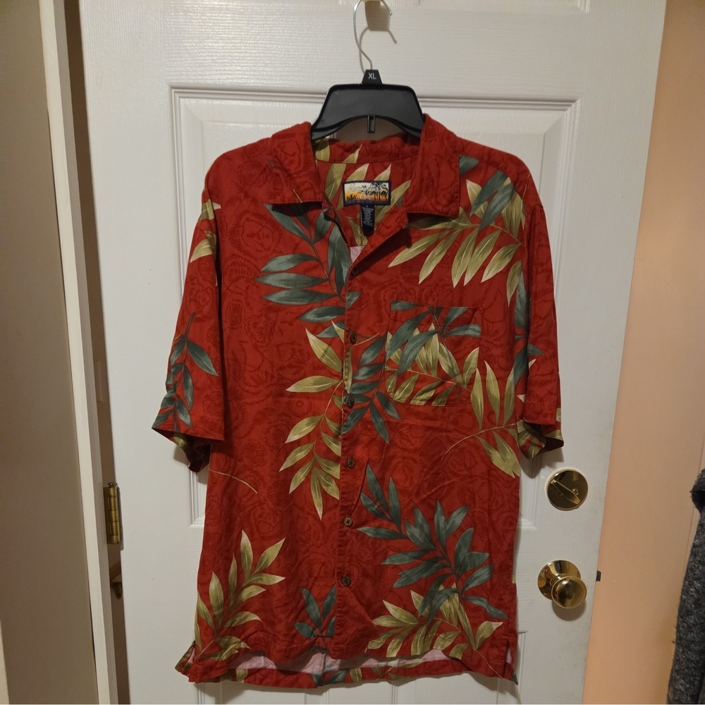 Havana Jacks Cafe Hawaiian Shirt Men's Red green Palm Tree Leaves Button Large